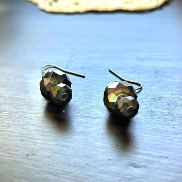 Handmade Glass Bead Earrings 1.5in Hooks Black Coated Beads Dark Silver Tone - Picture 3 of 14